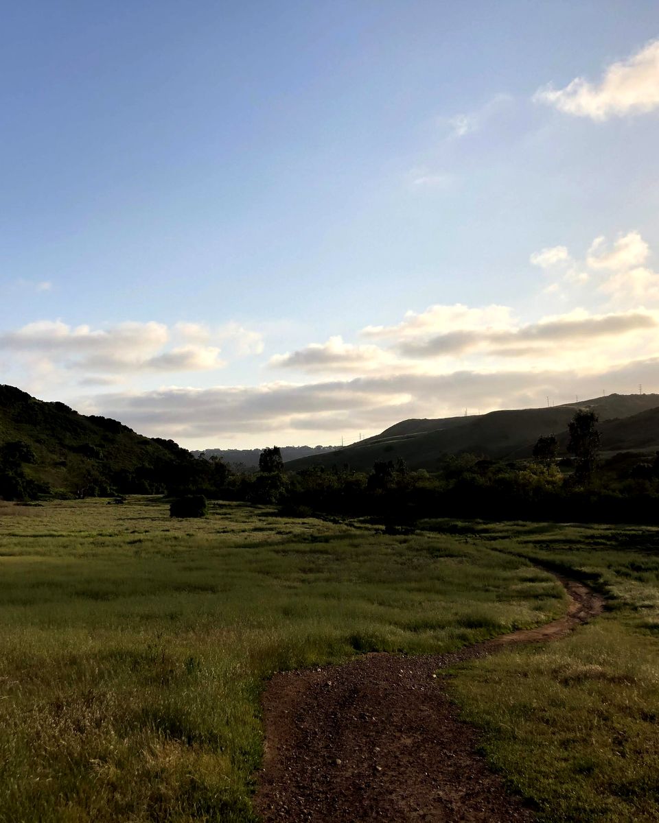 Hiking trail through an open canyon in Carmel Valley at golden hour