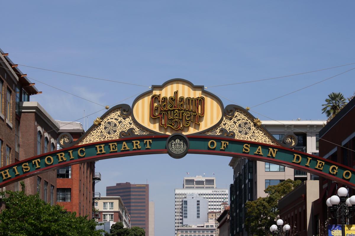 The Gaslamp Quarter archway sign in Downtown San Diego