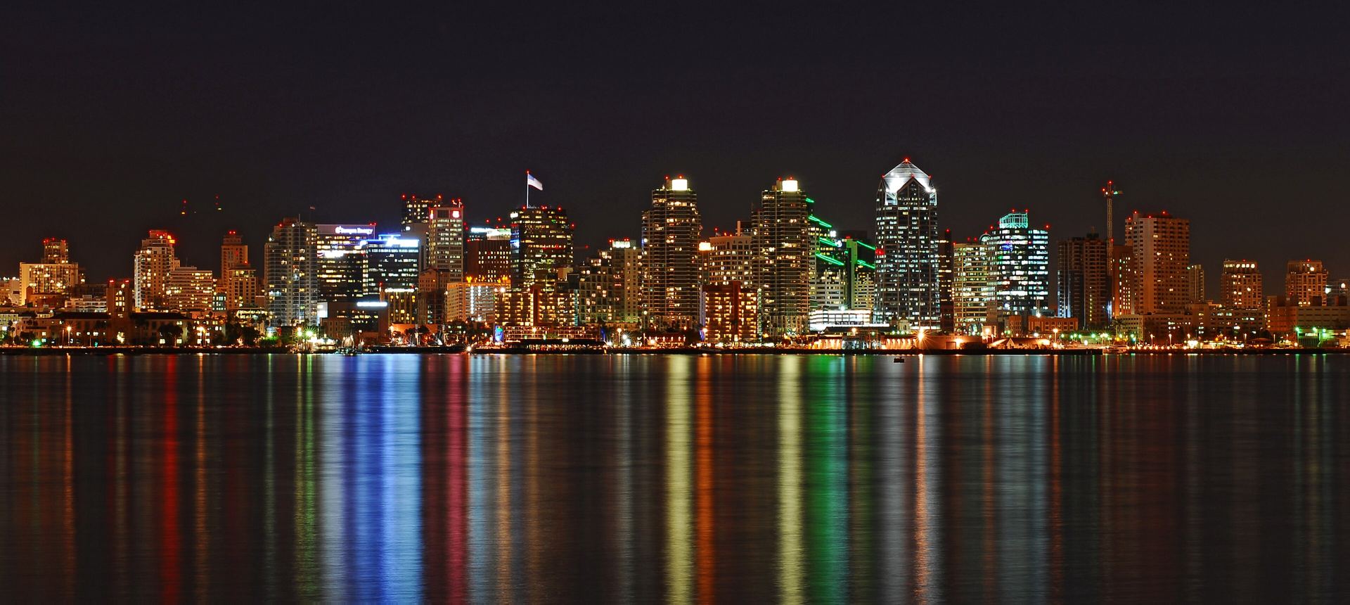 San Diego skyline at night reflected on the bay